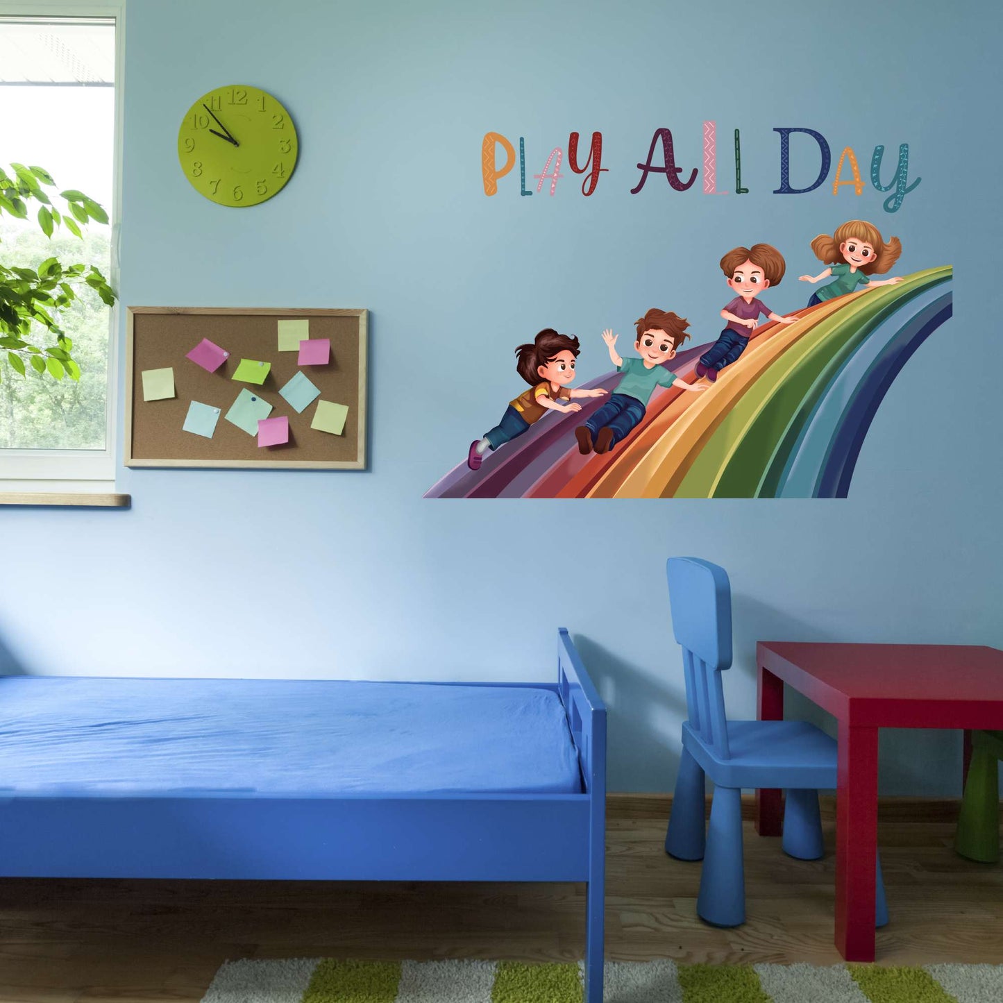 Design With Vinyl Playful Rainbow Wall Decal Play All Day Cute Kids Sliding Over A Colorful Rainbow Design