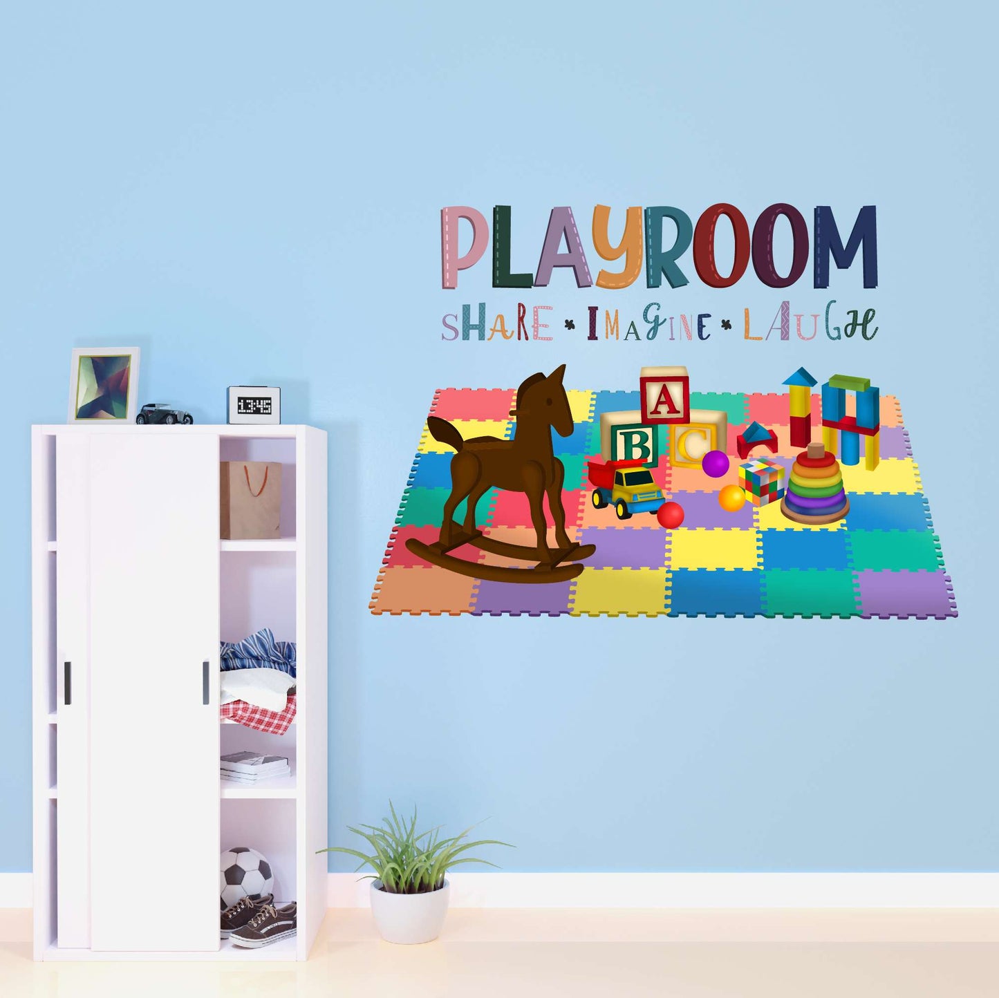 Design With Vinyl Playful Toys Wall Decal Playroom Share Imagine Laugh Playful Kids Design Beautiful Toys On Playmat