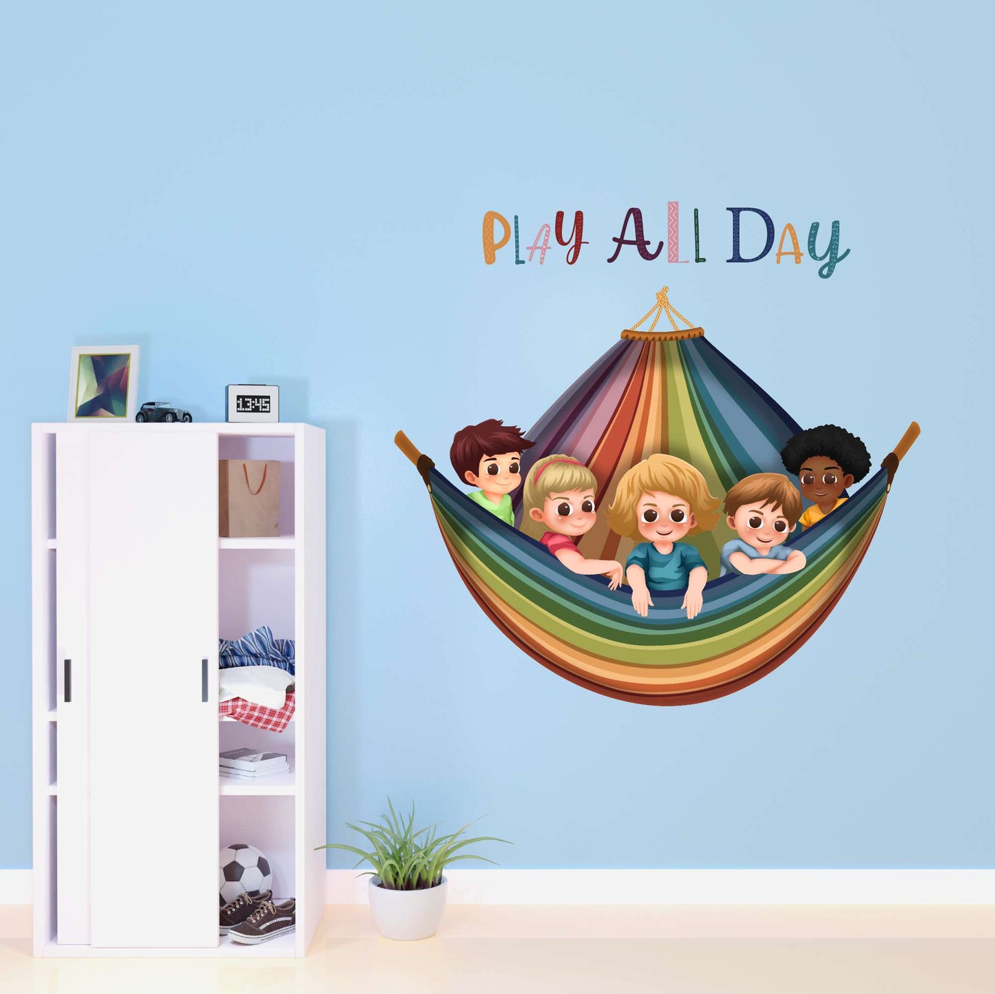 Design With Vinyl Playful Rainbow Wall Decal Play All Day Adorable Kids Playing On Rainbow Swing Wall Art