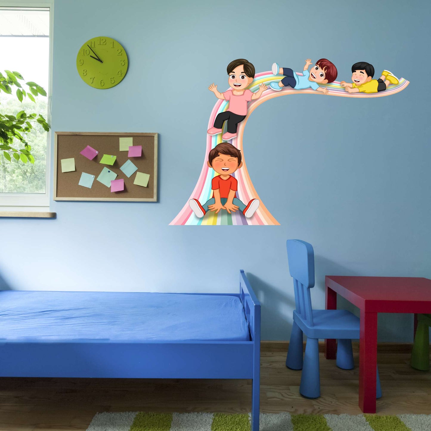 Design With Vinyl Playful Rainbow Wall Decal Cute Kids Sliding Over Rainbow Colorful Design - Size: