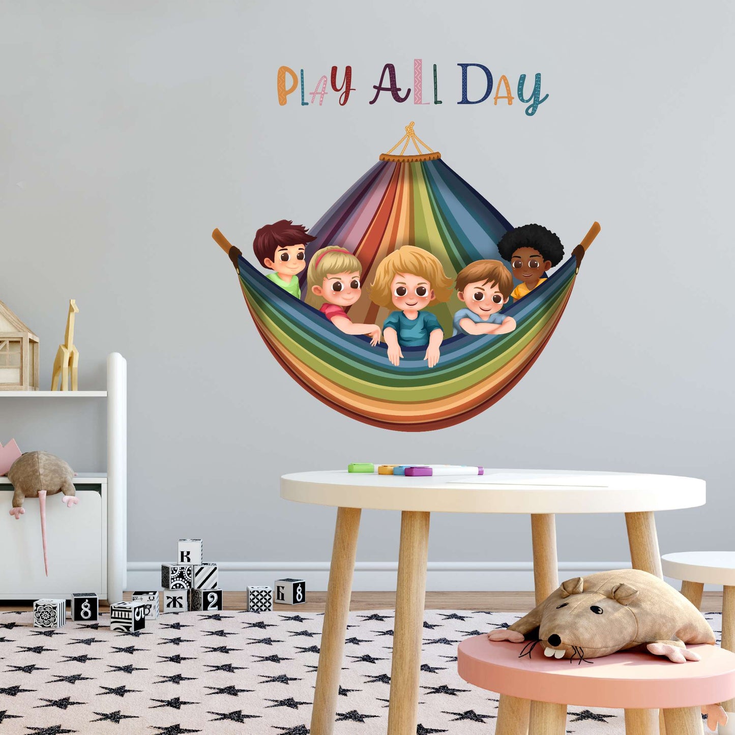 Design With Vinyl Playful Rainbow Wall Decal Play All Day Adorable Kids Playing On Rainbow Swing Wall Art