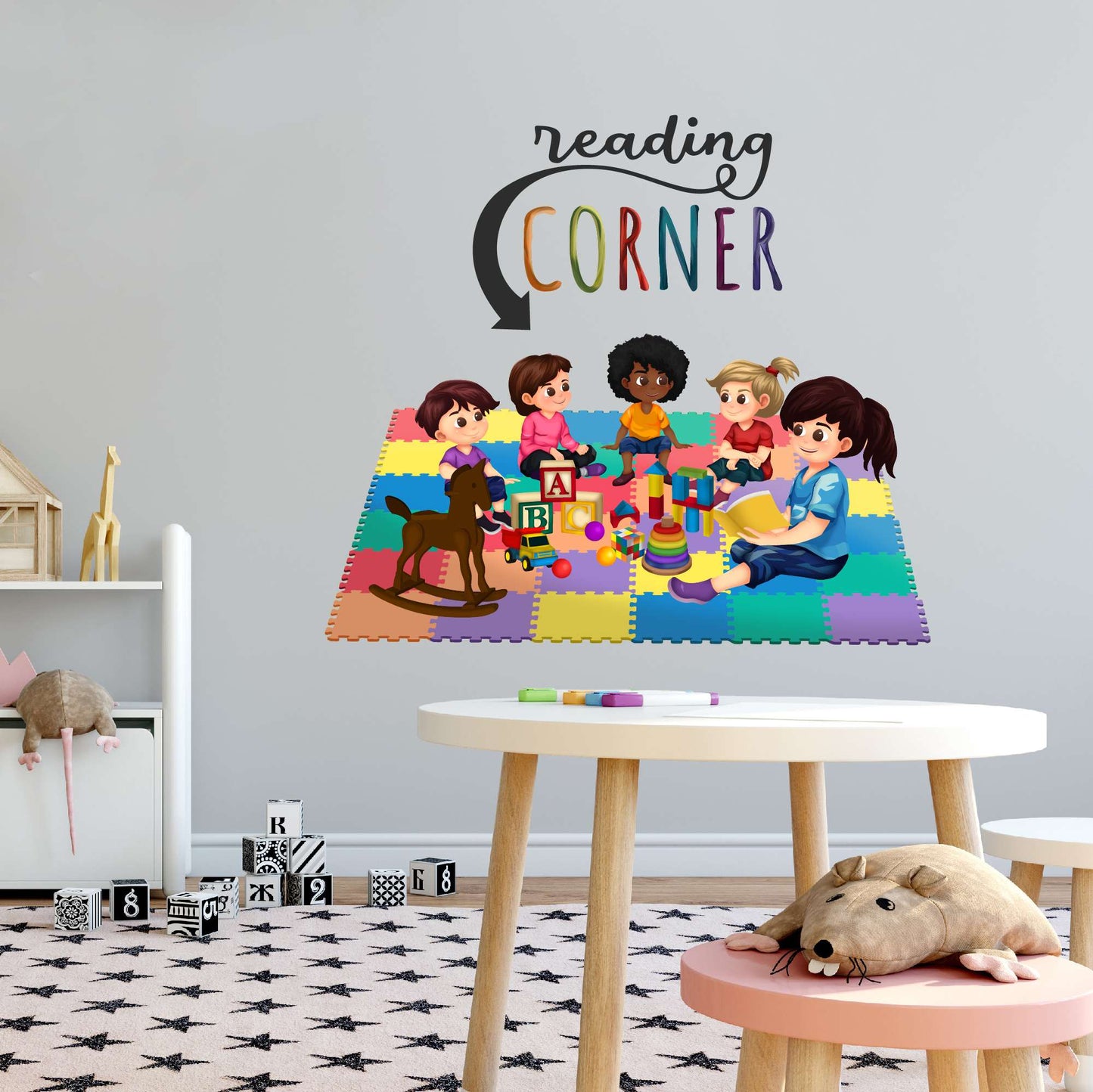Design With Vinyl Playful Kids Wall Decal Reading Corner Cute Kids Happily Playing With Toys Wall Design