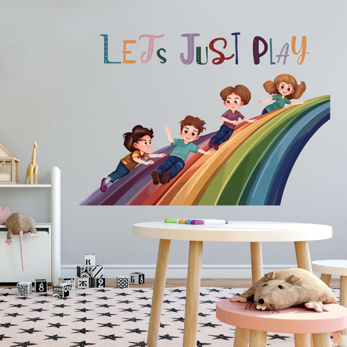Design With Vinyl Playful Rainbow Wall Decal Let'S Just Play Cute Kids Sliding Over Rainbow Wall Design Art