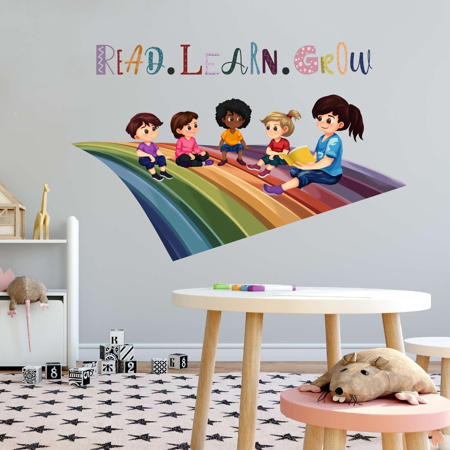 Design With Vinyl Playful Rainbow Wall Decal Play Learn Grow Cute Playful Children Playing On Rainbow Design
