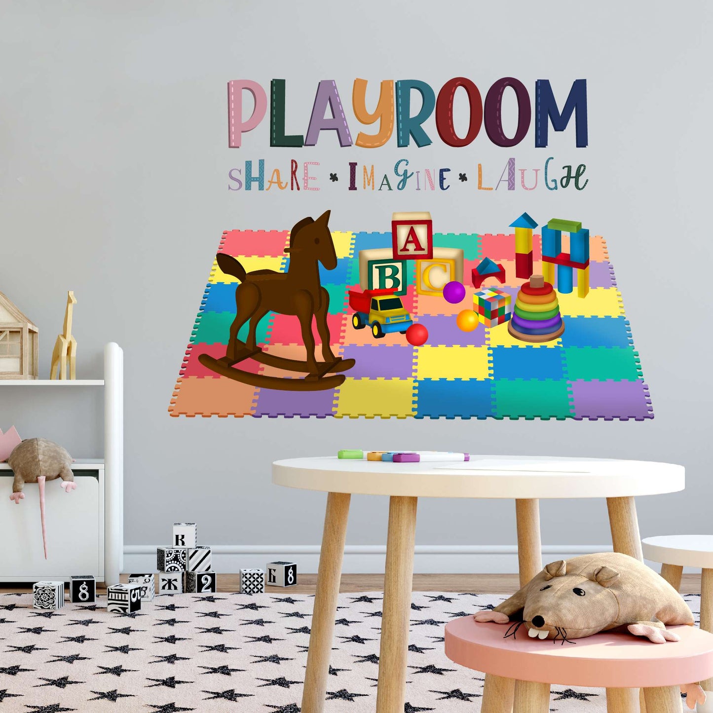 Design With Vinyl Playful Toys Wall Decal Playroom Share Imagine Laugh Playful Kids Design Beautiful Toys On Playmat