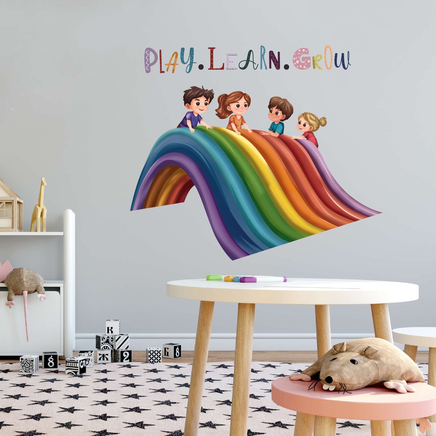 Design With Vinyl Playful Rainbow Wall Decal Play Learn Grow Cute Little Kids Sliding Over Rainbow Design
