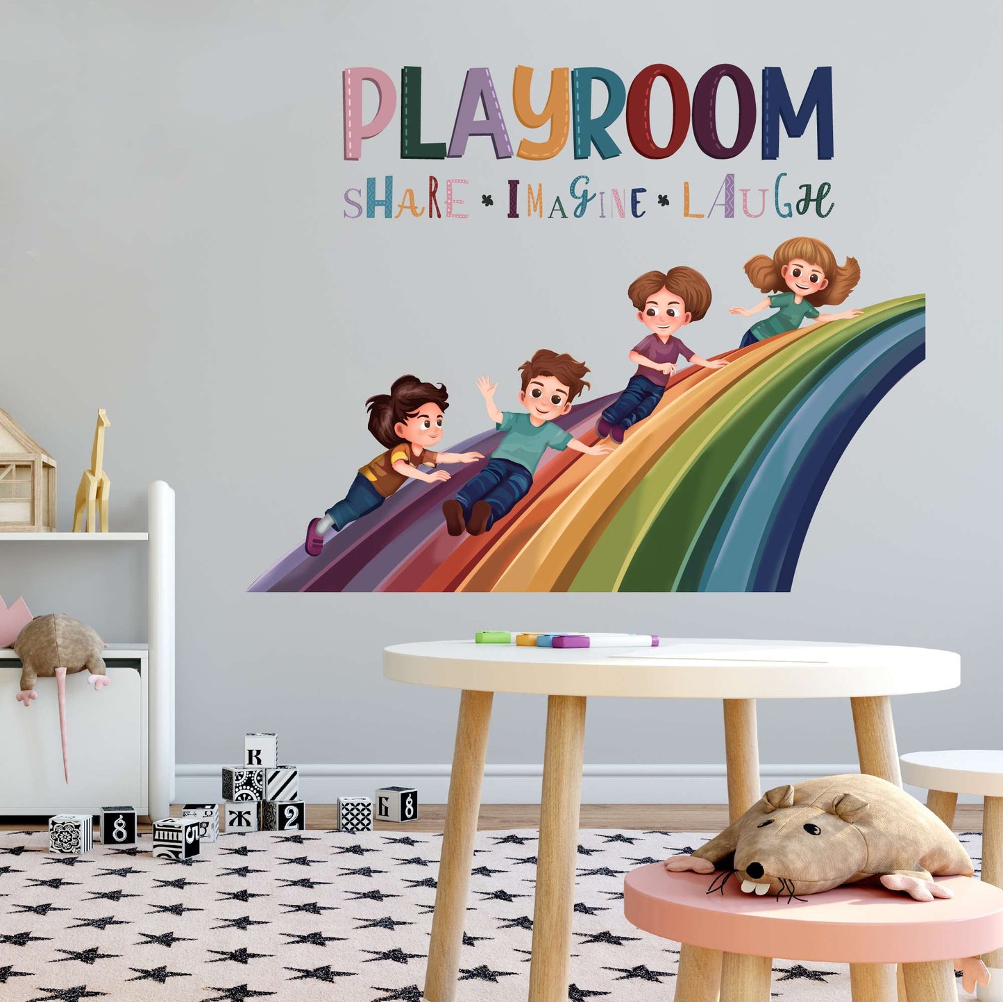 Design With Vinyl Playful Rainbow Wall Decal Playroom Share Imagine Laugh Cute Playful Kids Sliding On A Rainbow Design