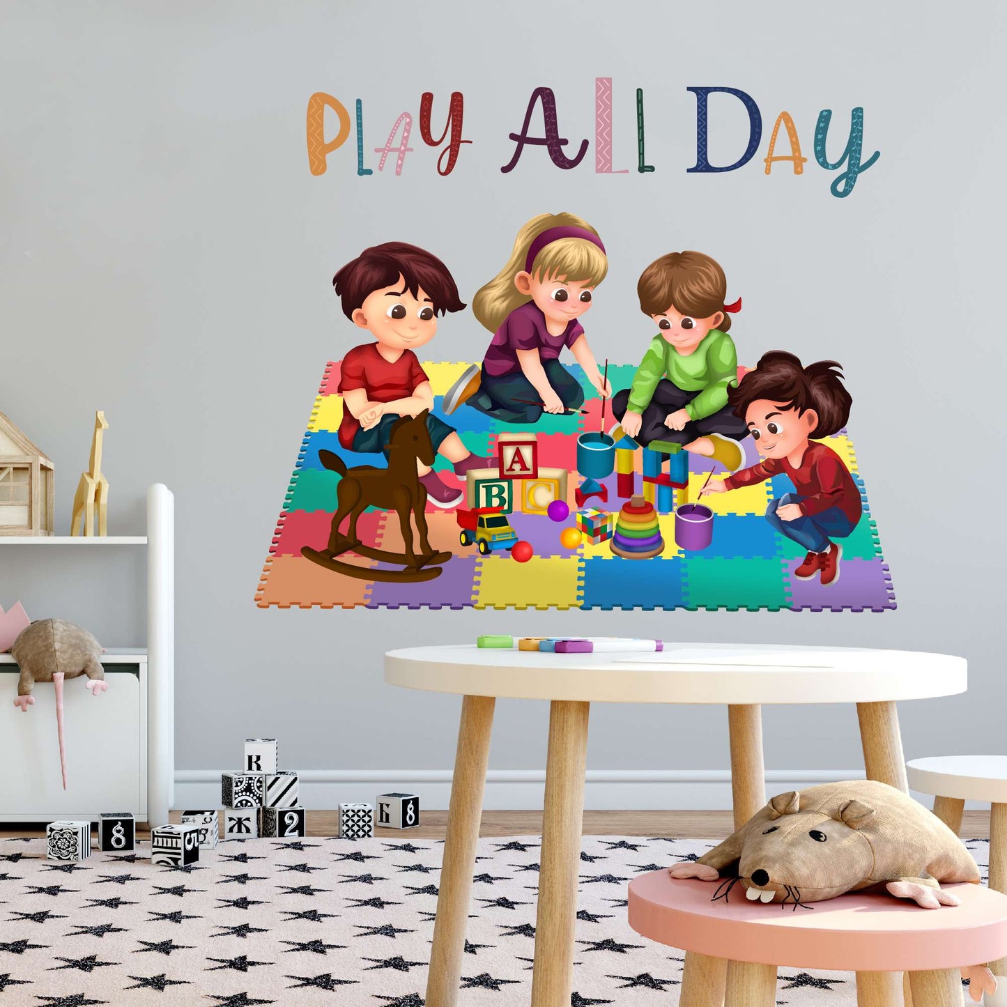 Design With Vinyl Playful Kids Wall Decal Play All Day Cute Kids Playing With Toys Colorful Design