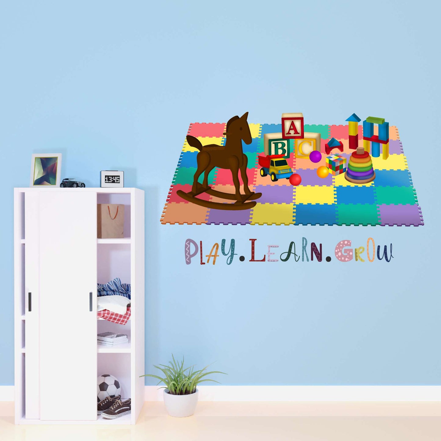 Design With Vinyl Playful Toys Wall Decal Play Learn Grow Beautiful Toys On Playmat Playful Kids Design