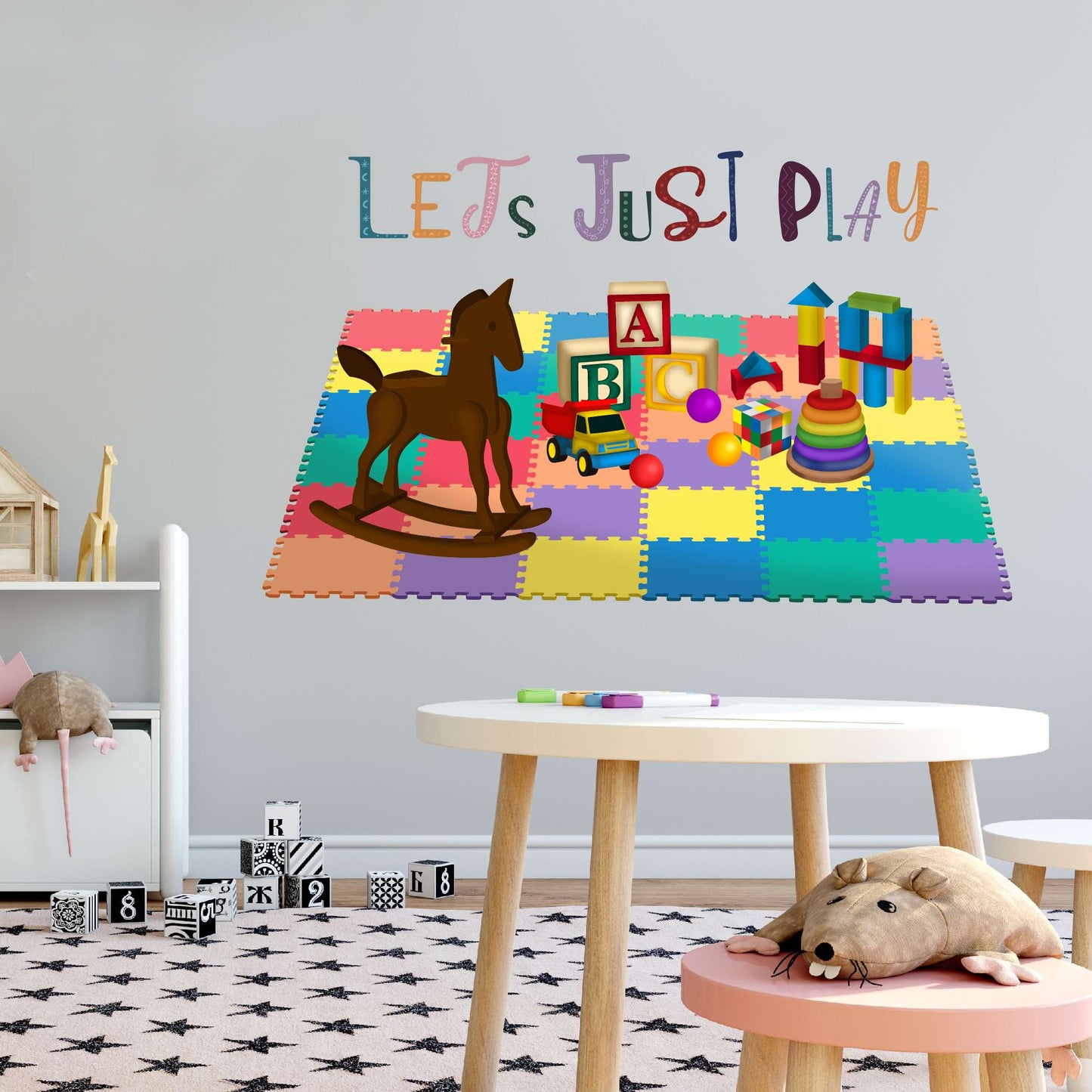 Design With Vinyl Playful Toys Wall Decal Let'S Just Play Colorful Kids Toys On Playmat Wall Art Design - Size: