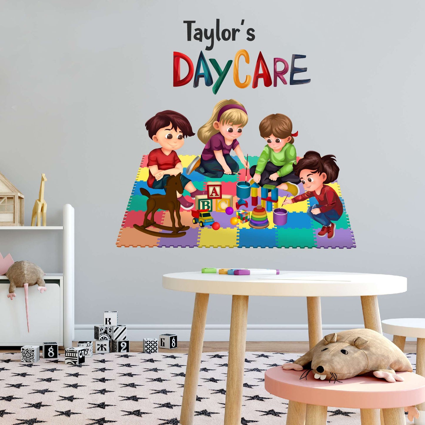 Design With Vinyl Playful Kids Wall Decal Custom Name Cute Kids Playing With Toys Kids Art