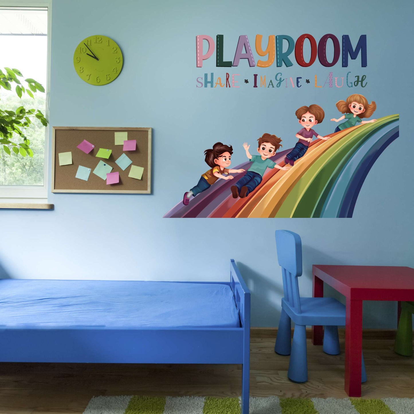 Design With Vinyl Playful Rainbow Wall Decal Playroom Share Imagine Laugh Cute Playful Kids Sliding On A Rainbow Design