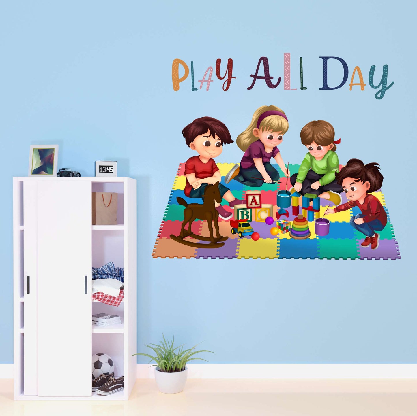 Design With Vinyl Playful Kids Wall Decal Play All Day Cute Kids Playing With Toys Colorful Design