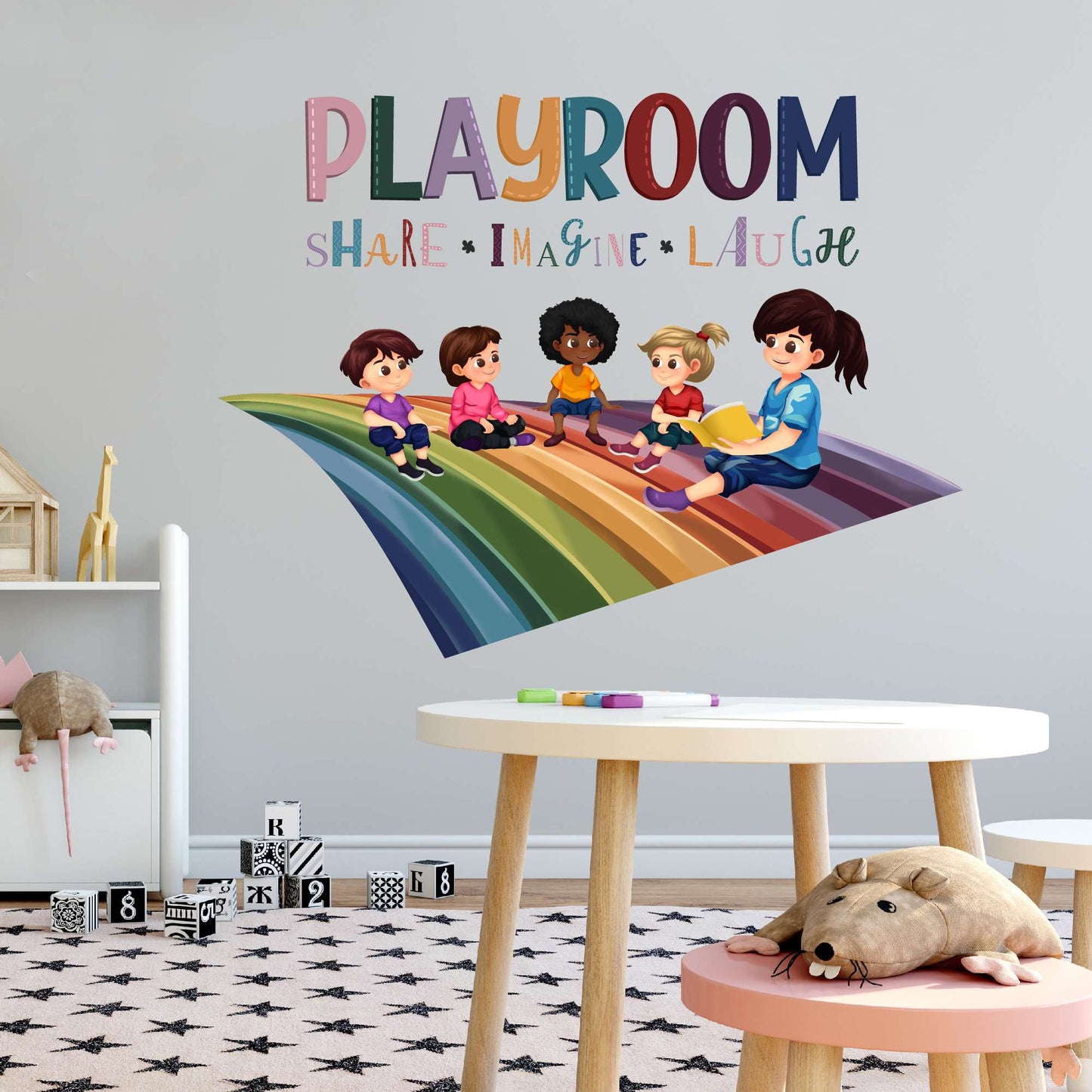 Design With Vinyl Playful Rainbow Wall Decal Playroom Share Imagine Laugh Cute Children Playing On Rainbow Wall Design