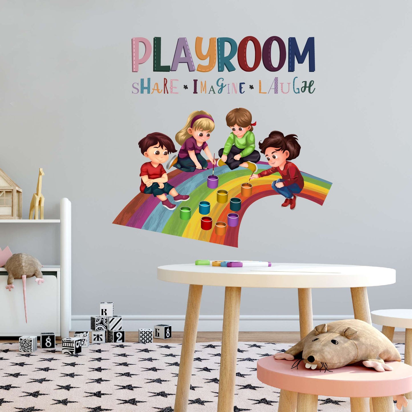 Design With Vinyl Playful Rainbow Wall Decal Playroom Share Imagine Laugh Cute Kids Painting Colorful Rainbow Art Design