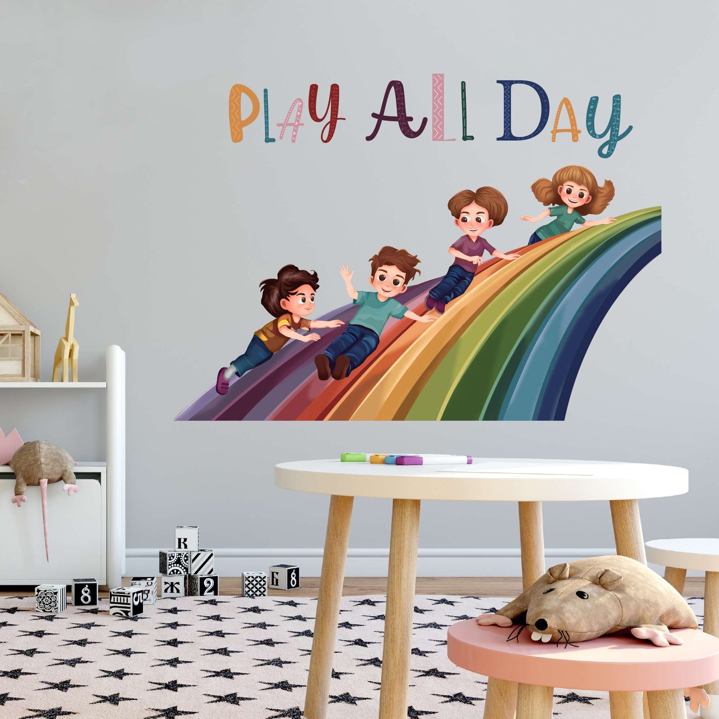 Design With Vinyl Playful Rainbow Wall Decal Play All Day Cute Kids Sliding Over A Colorful Rainbow Design