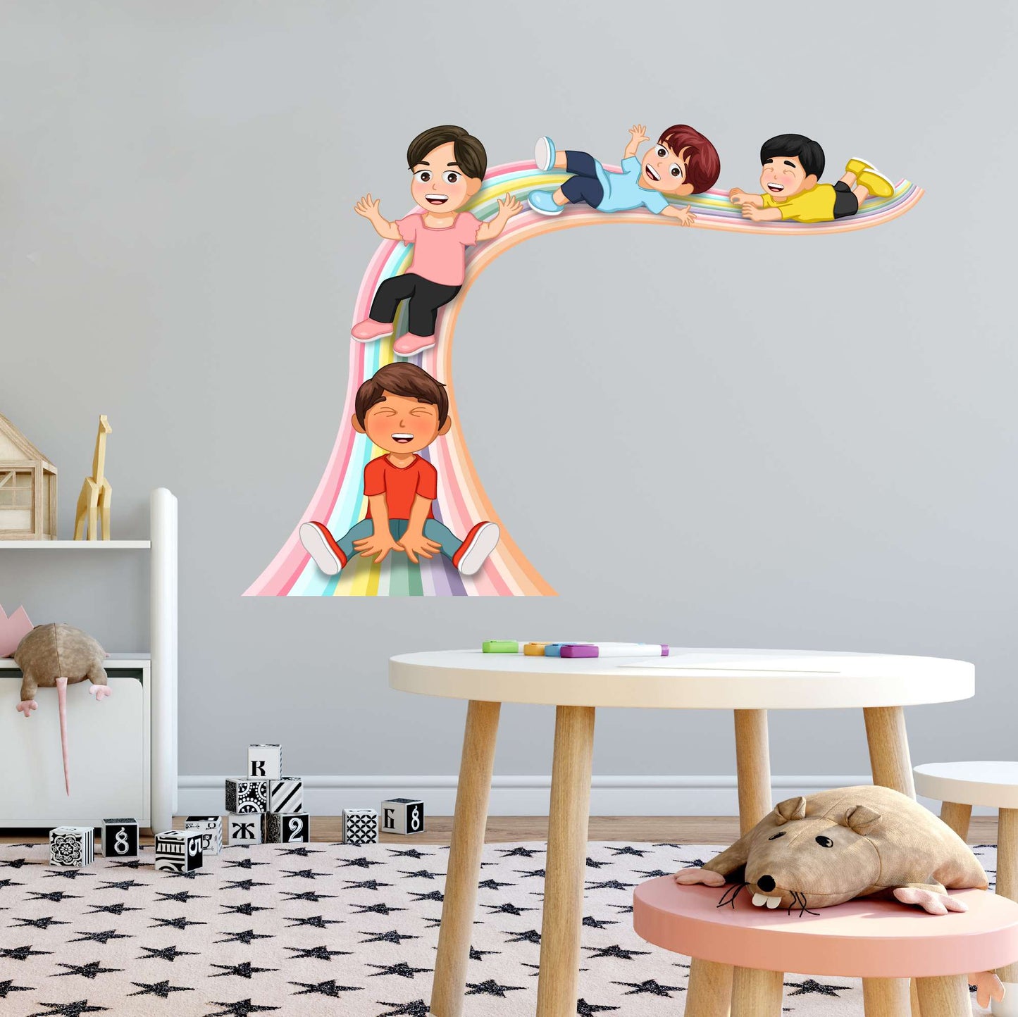 Design With Vinyl Playful Rainbow Wall Decal Cute Kids Sliding Over Rainbow Colorful Design - Size: