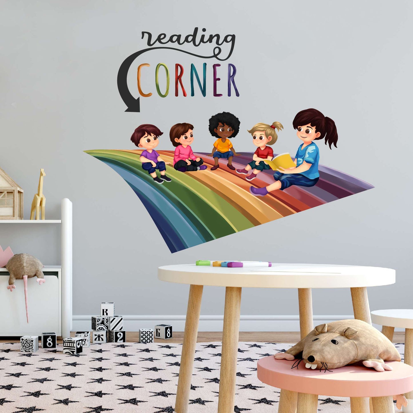 Design With Vinyl Playful Rainbow Wall Decal Reading Corner Cute Little Kids Playing On Rainbow Wall Design