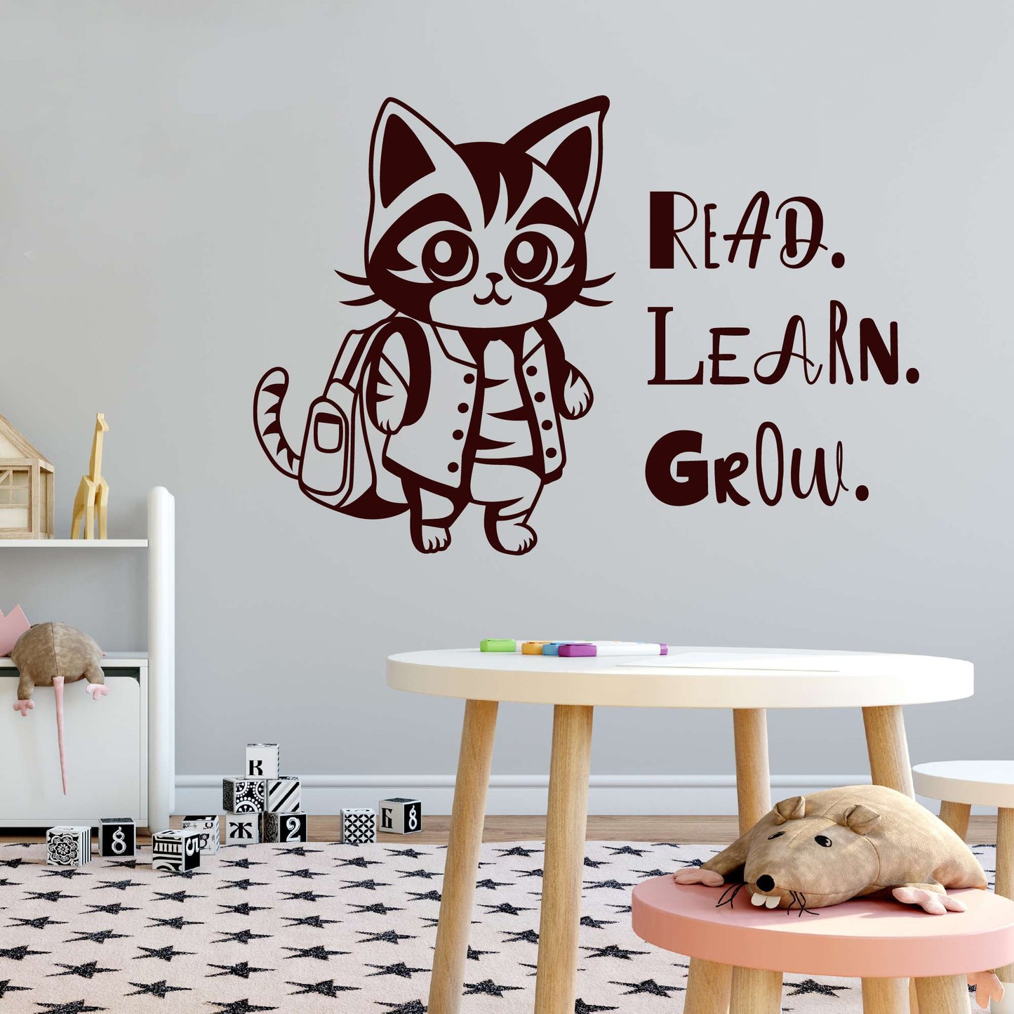 Design With Vinyl Adorable Animal Wall Decal Read Learn Grow Cute Happy Cartoon Cat Kids Room Wall Design