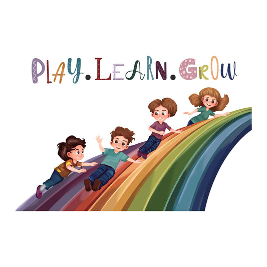 Design With Vinyl Playful Rainbow Wall Decal Play Learn Grow Cute Kids Having Fun On A Rainbow Slide Design