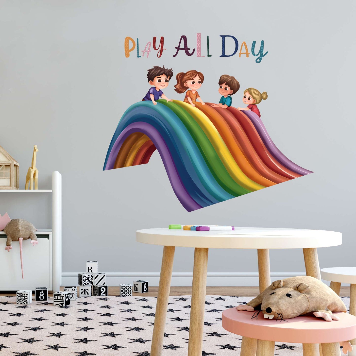 Design With Vinyl Playful Rainbow Wall Decal Play All Day Cute Playful Kids Sliding On A Rainbow Wall Art