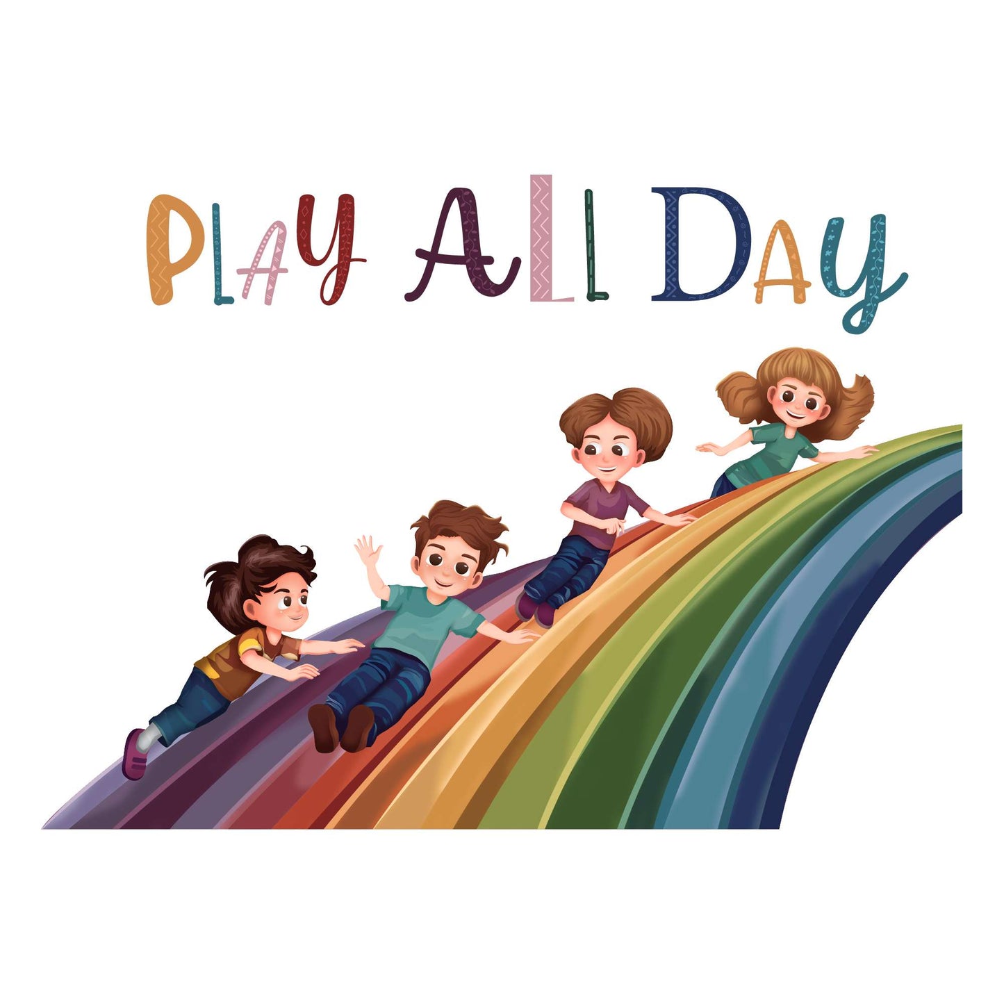 Design With Vinyl Playful Rainbow Wall Decal Play All Day Cute Kids Sliding Over A Colorful Rainbow Design