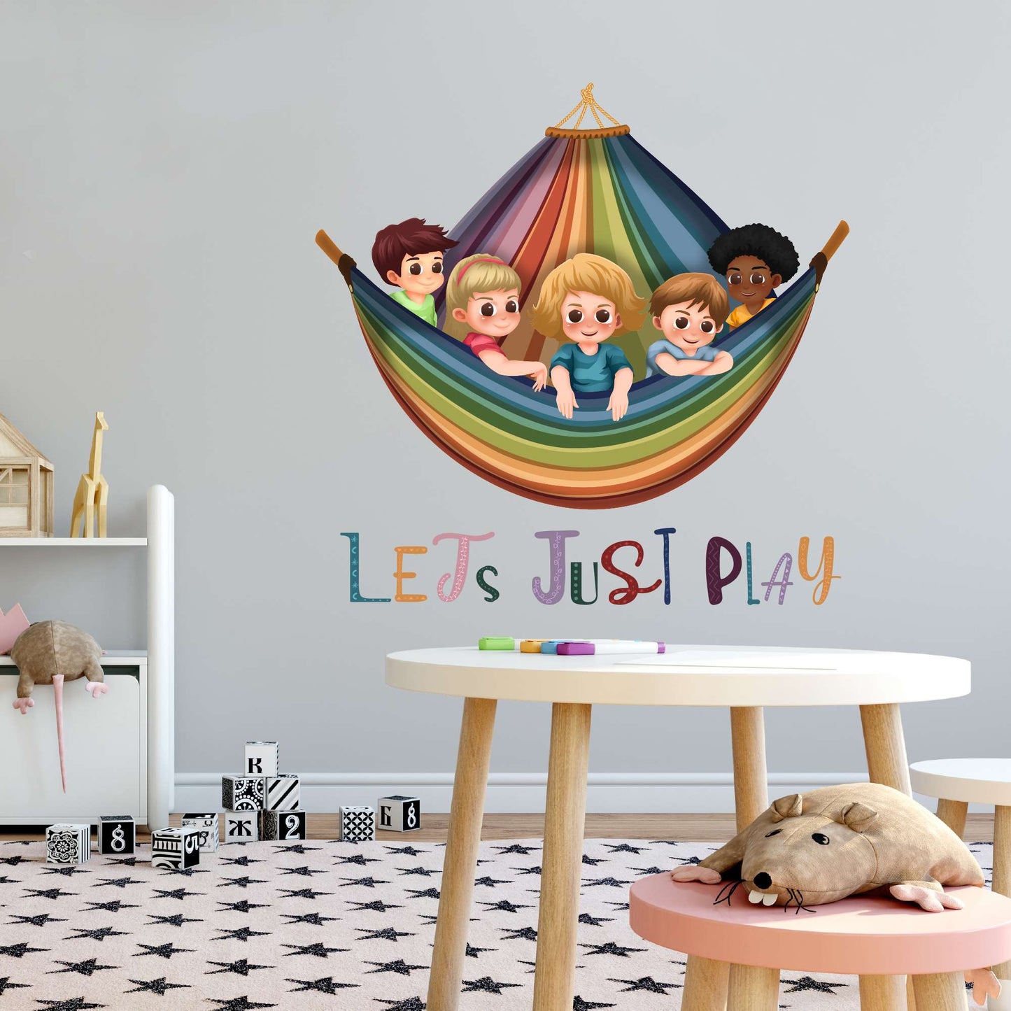 Design With Vinyl Playful Rainbow Wall Decal Let'S Just Play Cute Kids Playing In Colorful Rainbow Swing Art