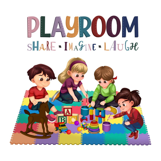 Design With Vinyl Playful Kids Wall Decal Playroom Share Imagine Laugh Cute Kids Playing On Playmat Colorful Kids Design - Size: