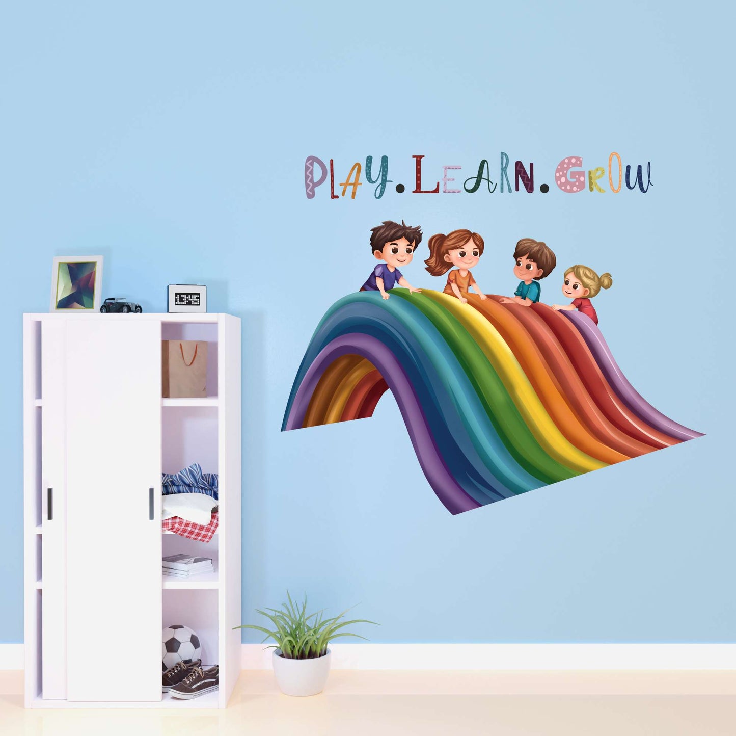 Design With Vinyl Playful Rainbow Wall Decal Play Learn Grow Cute Little Kids Sliding Over Rainbow Design