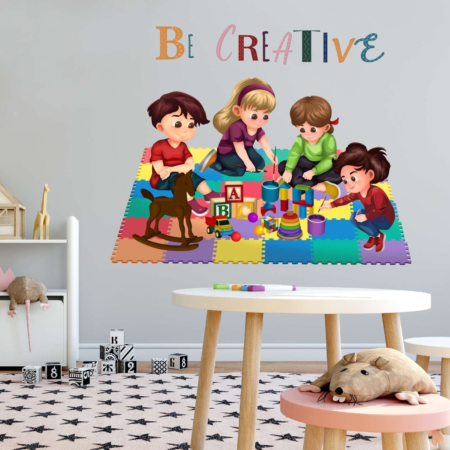 Design With Vinyl Playful Kids Wall Decal Be Creative Cute Little Kids Playing & Reading Stories Design